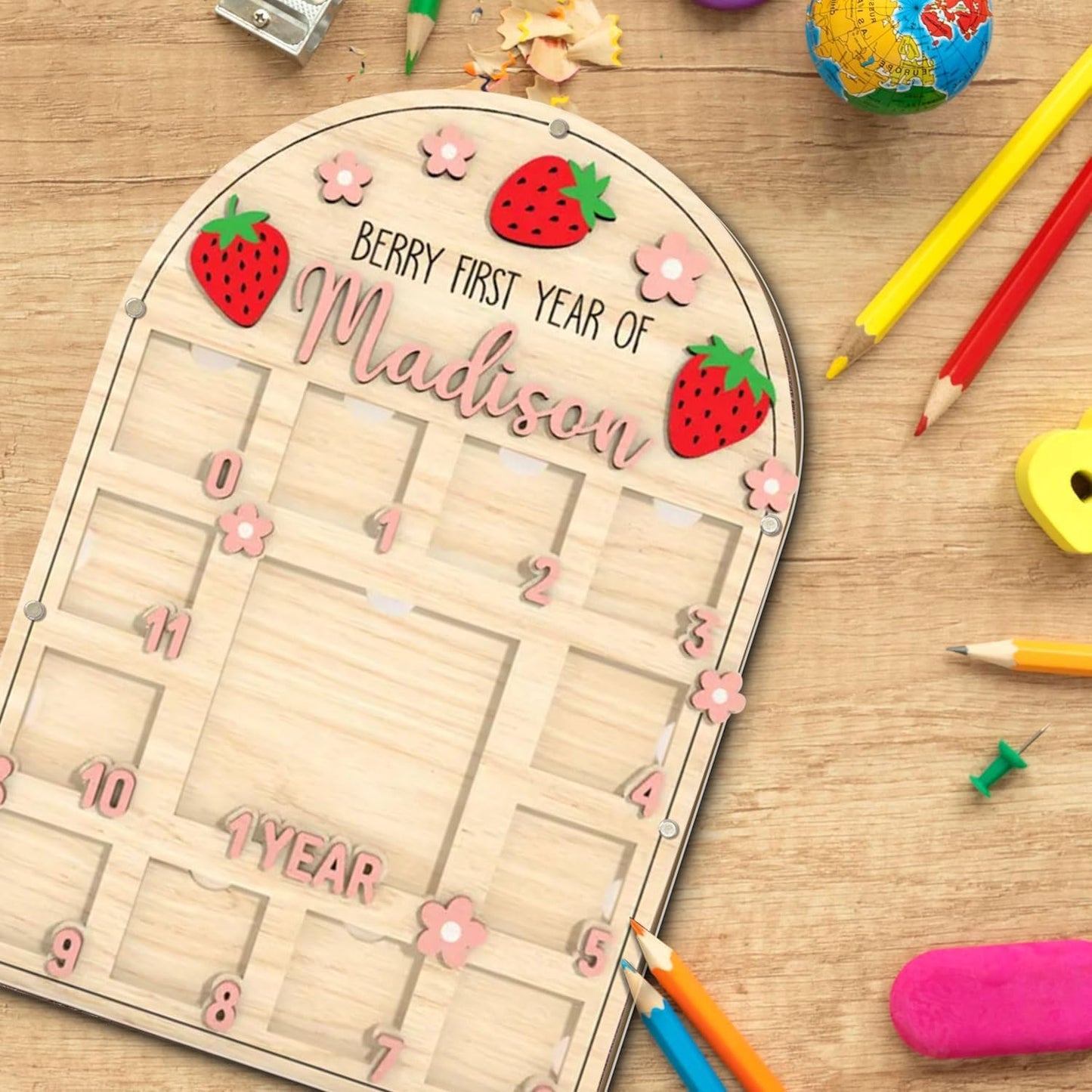 Personalized My First Year Photo Frame | 12 Months Picture Frame For Baby First Year | Displays One 4x4 Pics And Twelve 2x2 Pictures | Birthday Party Decor Newborn Memory Keepsake, Strawberry