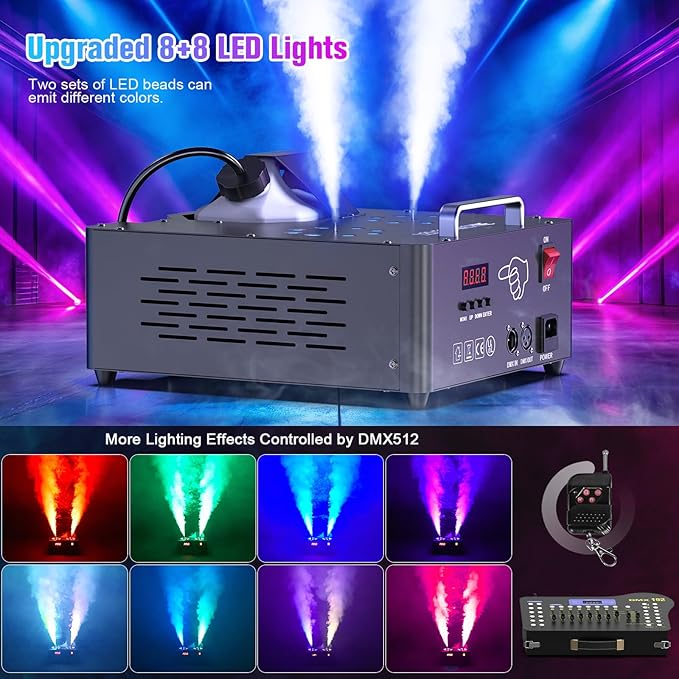2000W Professional Fog Machine Dual Nozzle with 16 RGB LED, DMX Control Adjustable Smoke Direction, 2.5L Tank LCD Display 30000CFM for Halloween Christmas Stage DJ Party Club Events-2PC