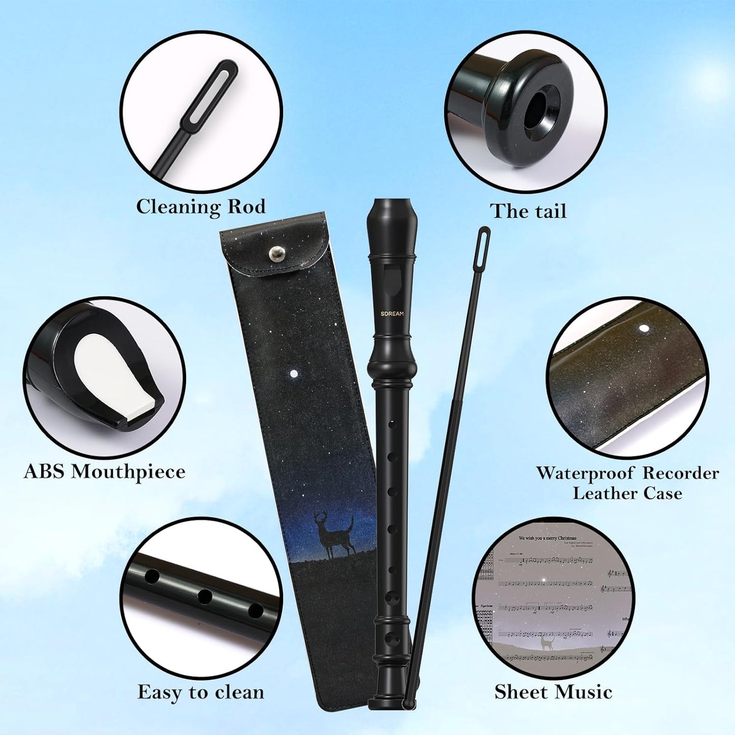 SDREAM Soprano Recorder Instrument for Kids Beginners&Student,8 Hole German Fingering Recorder Flute with Cleaning Rod & Leather Bag (Black)