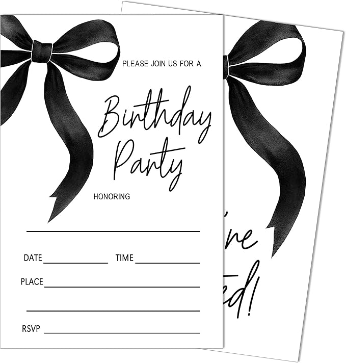 SIXEIGHT Black Bow Birthday Invitations, Black Ribbon Bow Birthday Party Invitations, 20 Party Invitations with Envelopes for Girls Boys, Birthday Party Favor & Decoration (4"x6")-A08