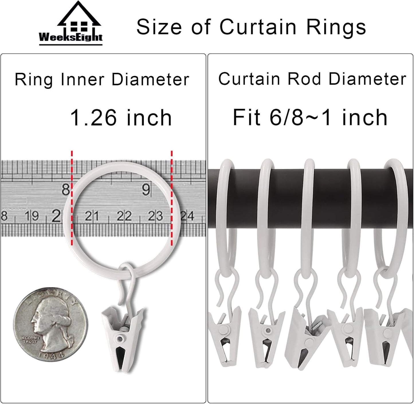 40 Pack White Curtain Rings with Clips, Curtain Hooks Hangers Clip Rings for Hanging Drapes Bows Hat, Drapery Rings 1.26 in I D, Fits up to 1 in Diameter Curtain Rod.