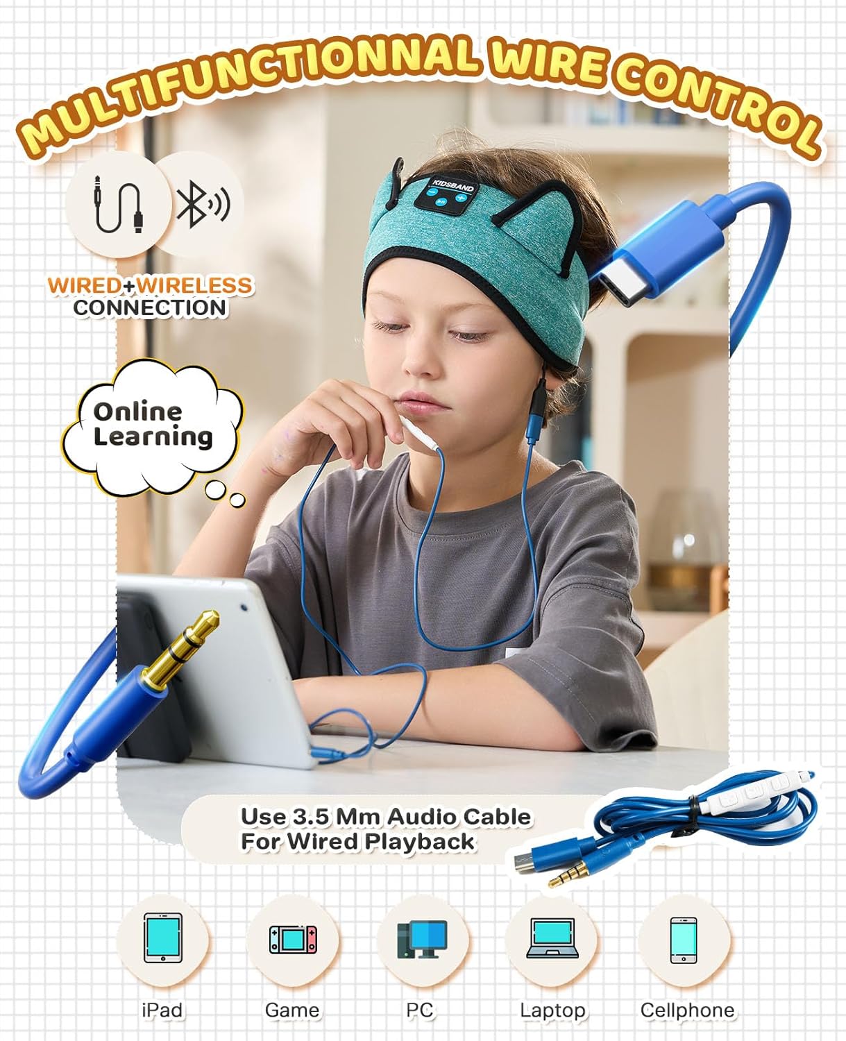 KIDSBAND Kids Headphones for Plane, Wireless Headband Adjustable, Does Not Press The Ears, Convenient for Long-Time Use, Headphones for Boys,Girls,Sleeping,School,Air Travel,Smartphones,Tablet