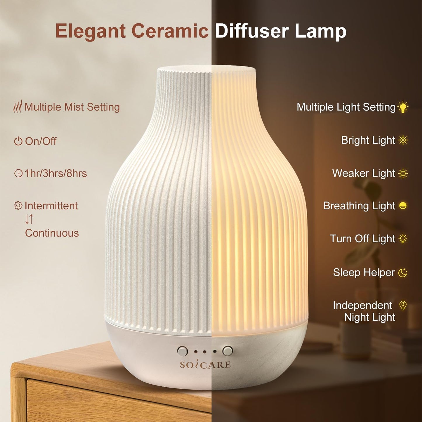 SOICARE Elegant Ceramic Diffuser for Essential Oils with Solid Wood Base,Stone Aromatherapy Essential Oil Diffusers for Home Office Room Decor Gift (180ML)
