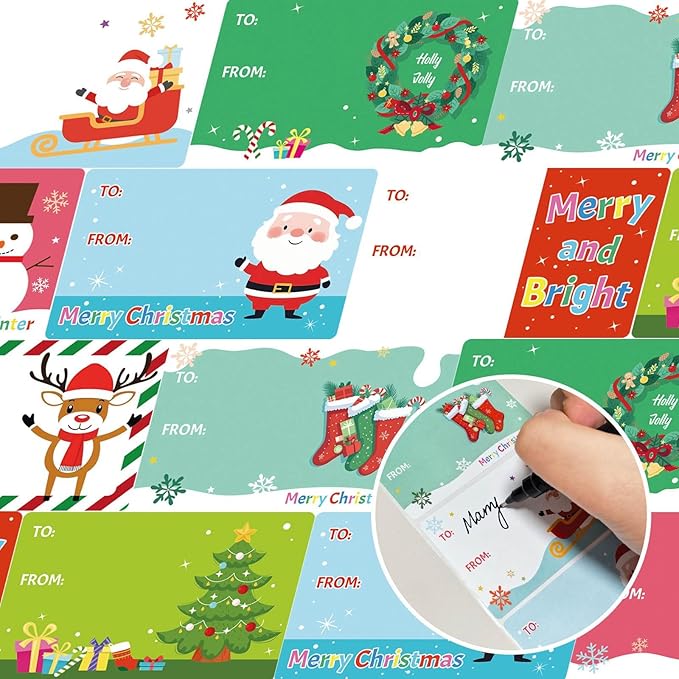 500 PCS Christmas Gift Tags, Self Adhesive Santa Claus Stickers, Festive Holiday Name Labels for Wrapping Paper Presents Decor, 8 Designs