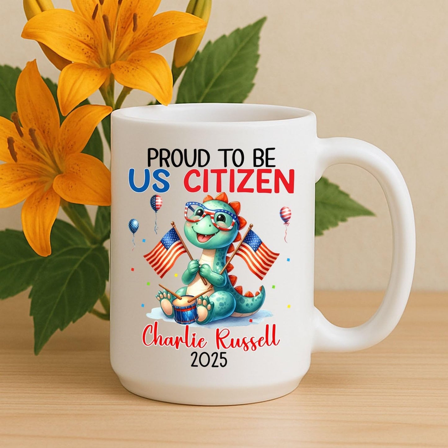 Personalized American Citizen Coffee Mug, Proud To Be Us Citizen Coffee Cup Gift For Grandkid Friend Bestie, Customized Year & Name US Citizenship White Cup, Awesome American Flag Ceramic Mug 11 15Oz