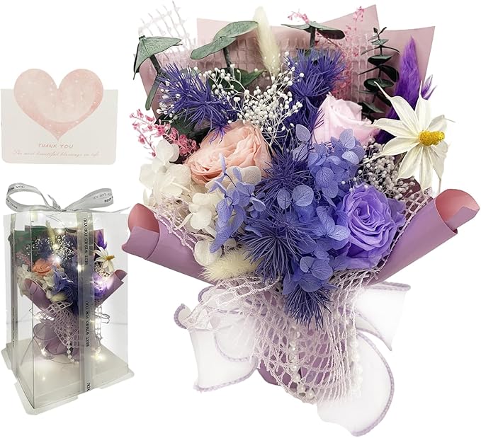 Preserved Flowers Bouquet Romantic Valentines Day Gift for Her LED Light 3 Preserved Real Rose for Delivery Christmas Mothers Day Birthday Gifts for Women Mother Wife Girlfriend (Purple)