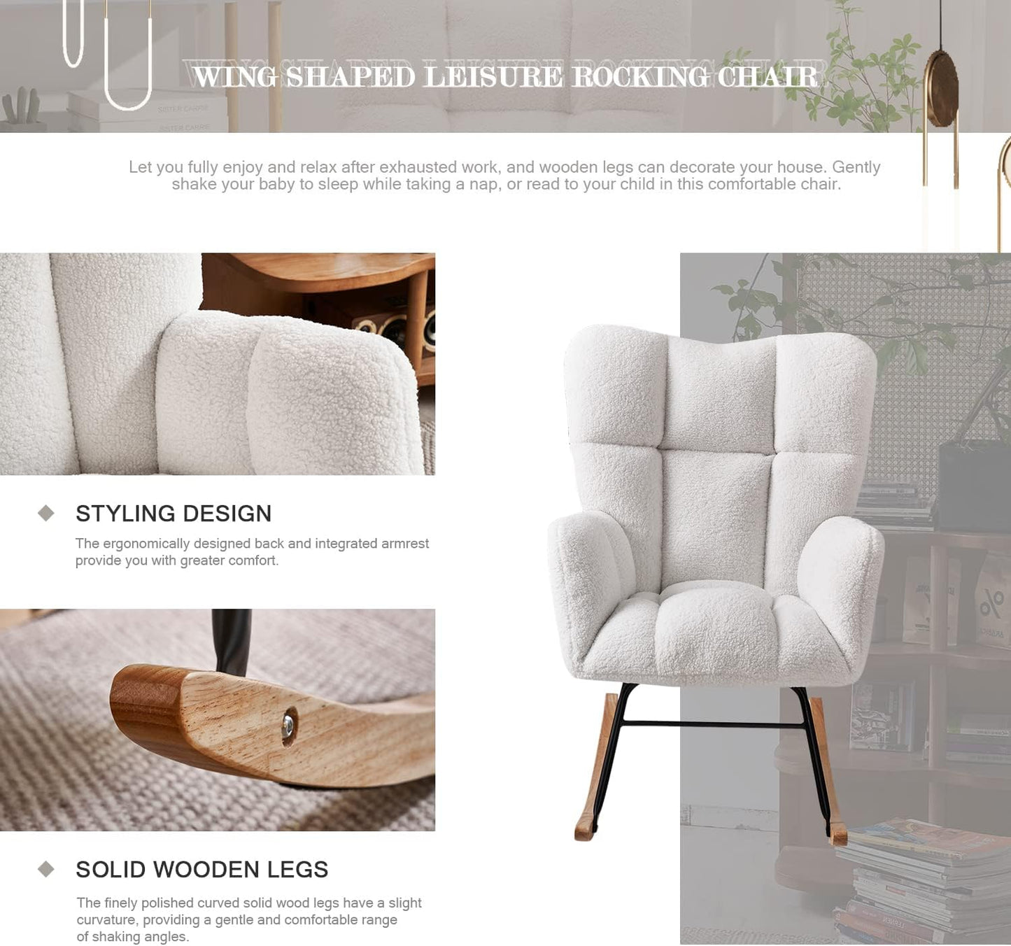 Nursery Rocking Chair, Teddy Upholstered Glider Rocker with High Backrest Armchair, Modern Rocking Accent Chairs for Nursery, Living Room, Bedroom, Offices (Ivory)