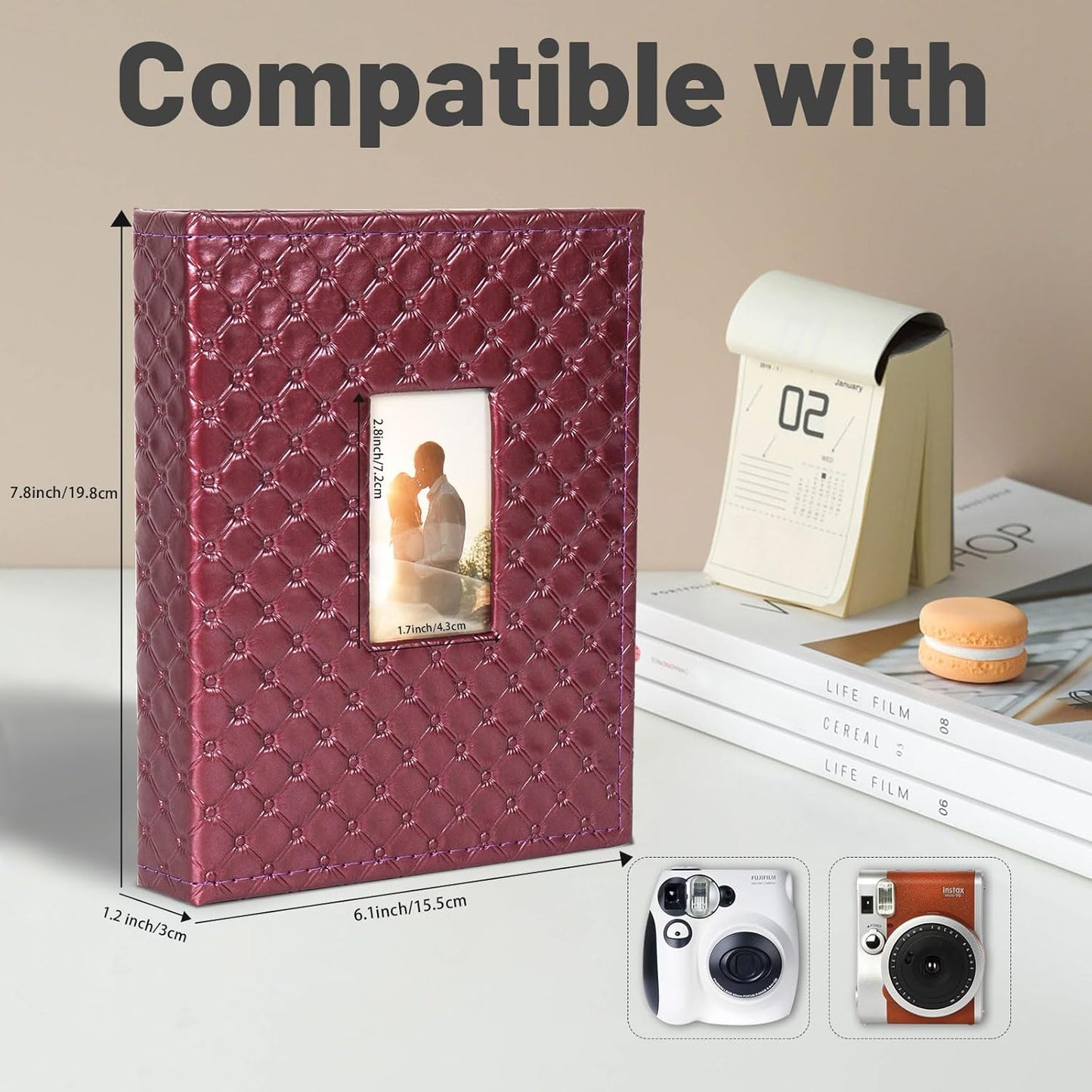 RECUTMS Photo Album 208 Photos for Fujifilm Instax Mini Camera, 2x3 Inch Photo Album, Leather Cover with Window, for Instax Mini 12 11 9 40 90 8 7 Evo LiPlay Instant Camera (Wine Red)