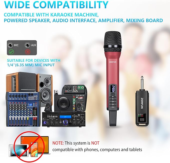 Rechargeable Wireless Microphone, Pro Handheld Cordless Mics System Dynamic with Echo Treble BASS VOL Control for Karaoke Singing Church Party, 1/4'' Output, D240, Red