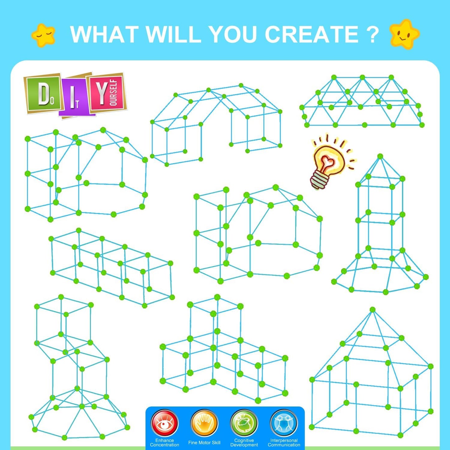 SpringFlower Fort Building Kit for Kids,STEM Construction Toys, Educational Gift for 3 4 5 6 7 8 9 10 11 12 Years Old Boys and Girls,Ultimate Creative Set for Indoor & Outdoors Activity,140 Pcs,Green