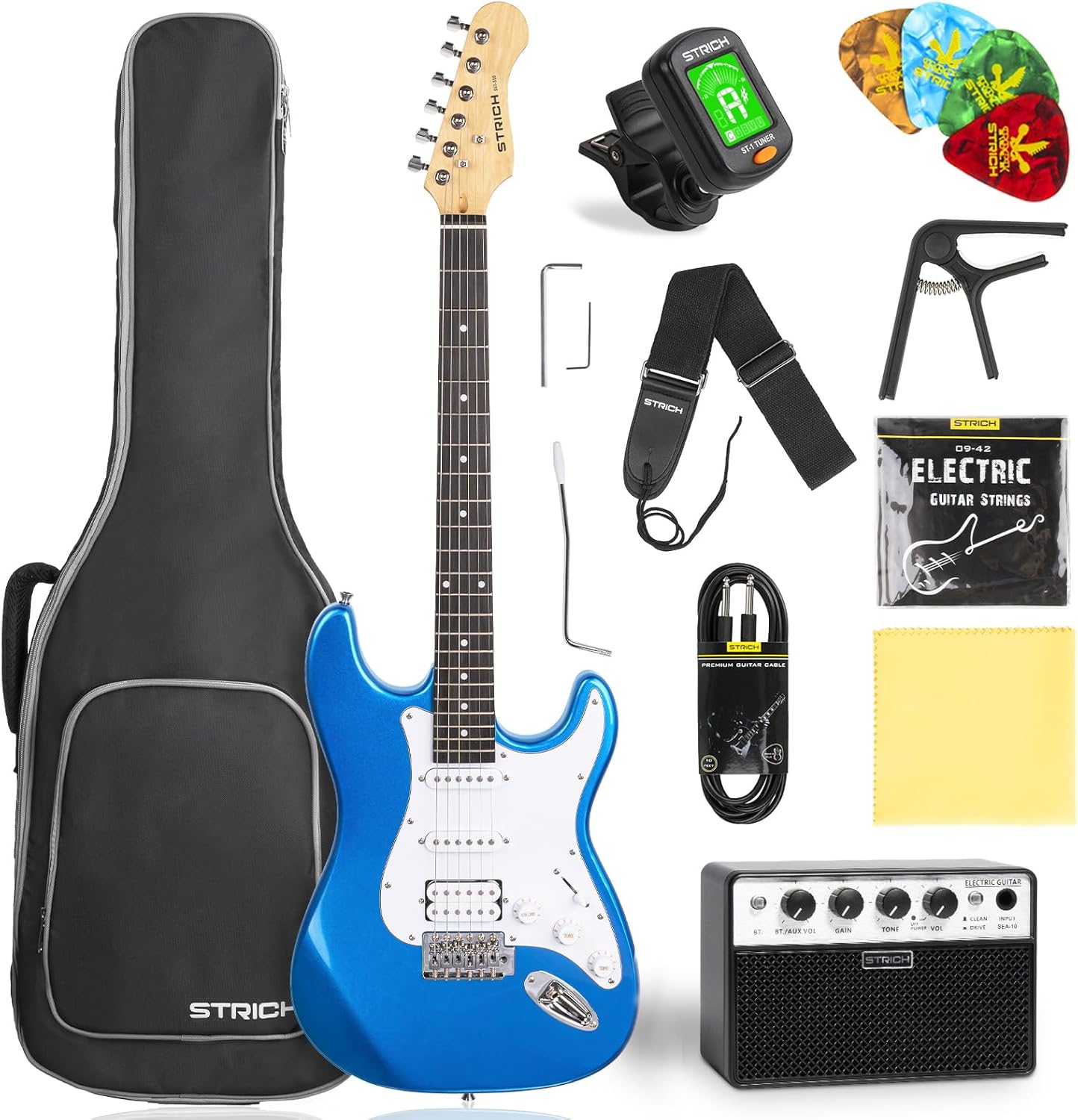 STRICH Electric Guitar Beginner Kit, Solid Body 39" Full Size Electric Guitar HSS Pick Up for Starter, with 10W Amp, Bag, Digital Tuner, Capo, Strap, String,Cable, Picks, SST-S20 Sapphire Blue