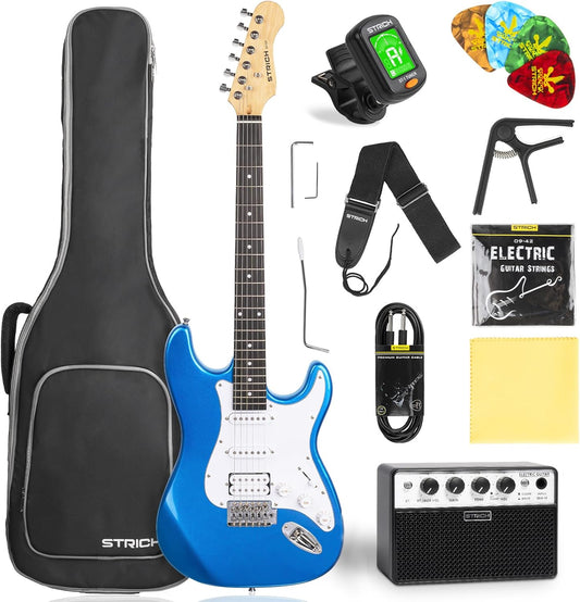STRICH Electric Guitar Beginner Kit, Solid Body 39" Full Size Electric Guitar HSS Pick Up for Starter, with 10W Amp, Bag, Digital Tuner, Capo, Strap, String,Cable, Picks, SST-S20 Sapphire Blue