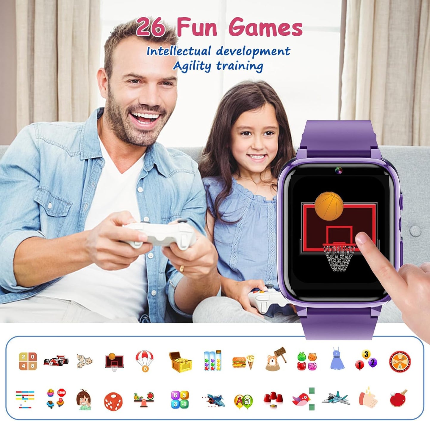 Goodatech 1.69'' Kids Smart Watch for Kids Boys Girls, HD Camera,26 Puzzle Games,Video Music Player,Pedometer,Flashlight,Alarm Clock, Christmas Birthday Gifts for 4-12 Years Children (Purple)