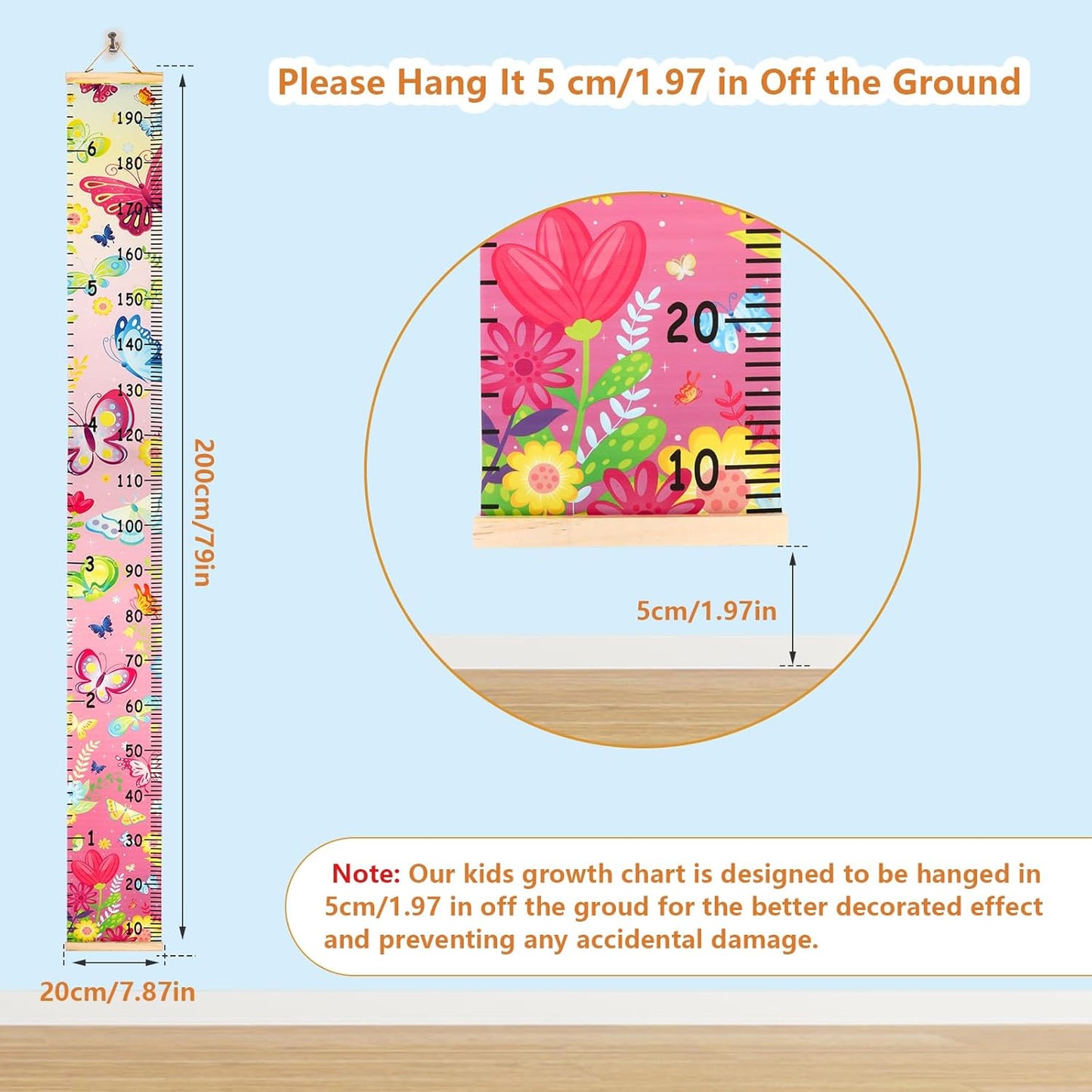 Kids Growth Chart Height Measuring Chart, Butterfly Canvas Wall Hanging Rulers for Baby Children Girls Bedroom Decor 74.8''* 7.87'' (Butterfly)