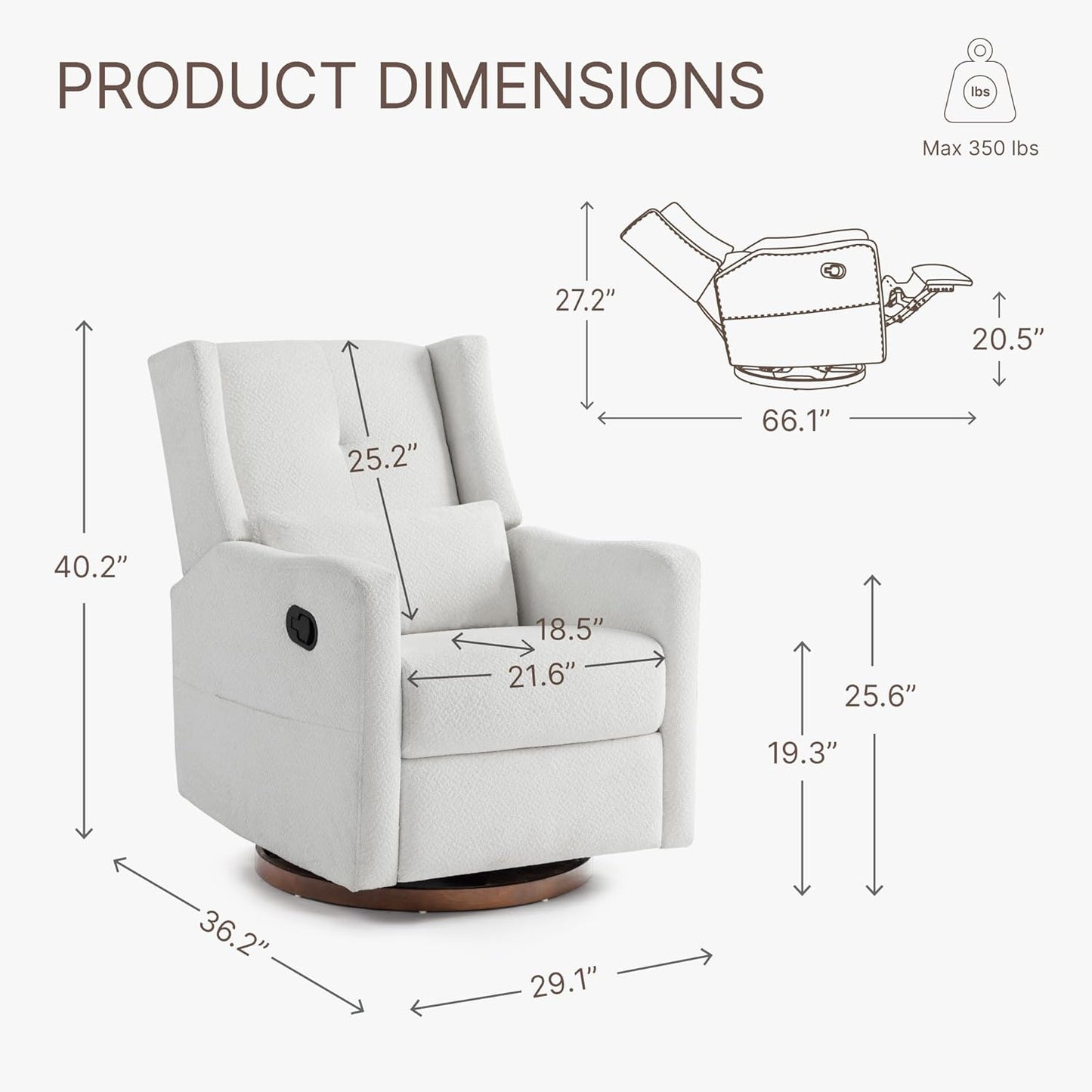 Upholstered Recliner Swivel Glider Nursery Chair Reclining Performance Fabric Rocker with Wood Base,Boucle,Ivory