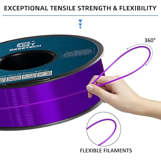 Geeetech TPU Filament 1.75mm, Shore 95A Flexible 3D Printer Filament with High Elasticity, 1KG (2.2lbs) Spool, Dimensional Accuracy ±0.03mm, Fits Most FDM Printers (Clear Purple)