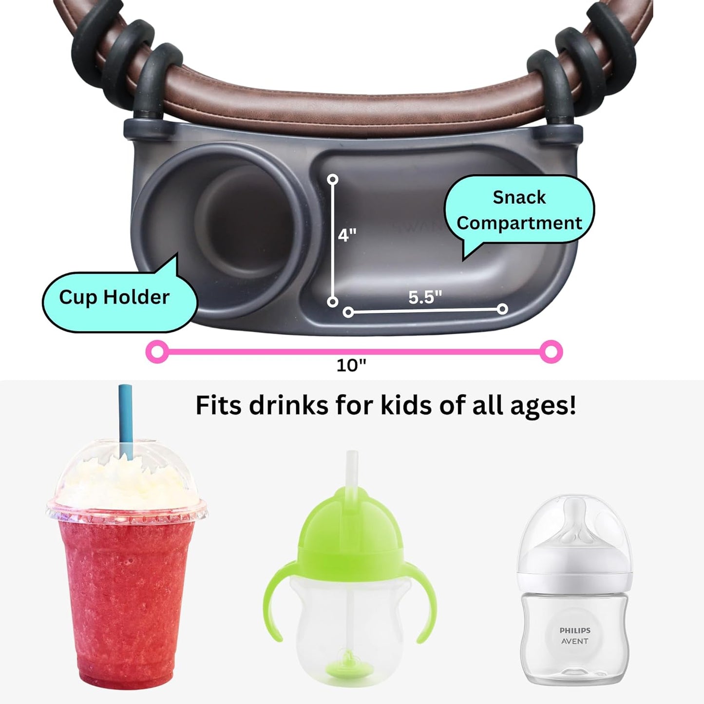 Swanoo Universal Stroller Snack Tray | Compatible with Nuna | Stroller Cup Holder | Silicone Arms Grip Bumper Bar | Stroller Tray Attachment with Cups Holder for Baby Toddler | Stroller Accessories