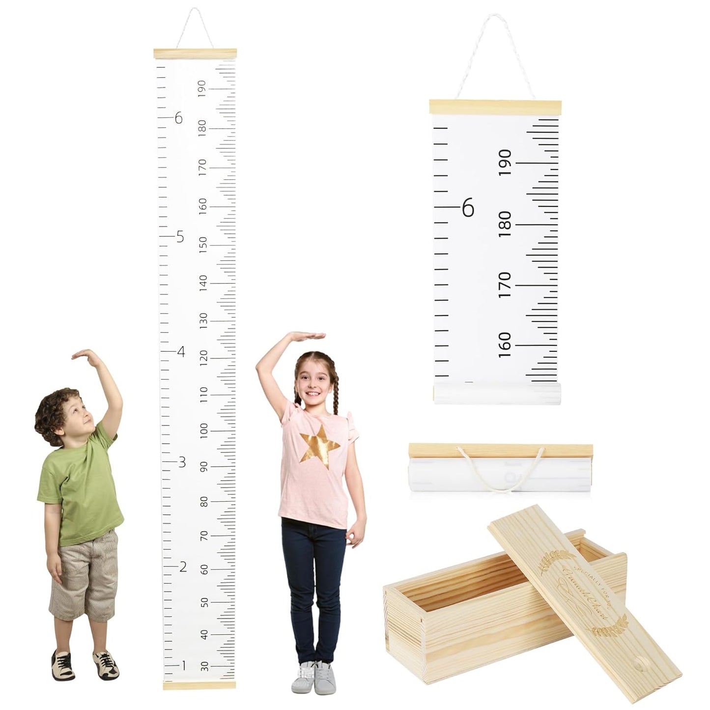 6.5FT Growth Chart for Kids with Wooden Keepsake Box - Children Height Measurement Kit Includes Marker Pen & Wall Hook, Height Tracker Ruler Baby Essentials, Nursery Room Decor Gift for Baby to Teen