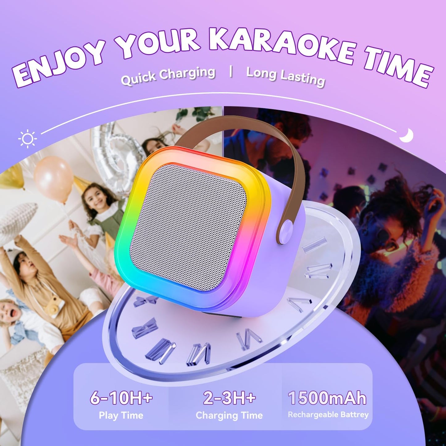 【2025 Newest】 Mini Karaoke Machine for Kids Girls & Boys - Portable Bluetooth Speaker with 2 Wireless Microphones - Kids Birthday Gifts for Ages 4-10 - Kids' Instrument Accessories - Purple