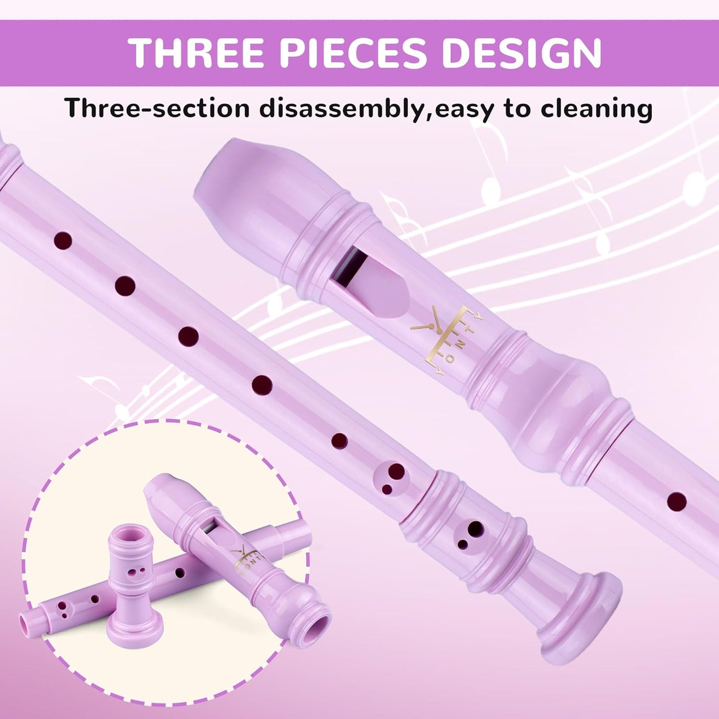 Soprano Recorder 8-Hole Instrument for Beginners Kids Students, German Style C Key Flute with Cleaning Rod & acking Bag for Education & Entertainment - Pink