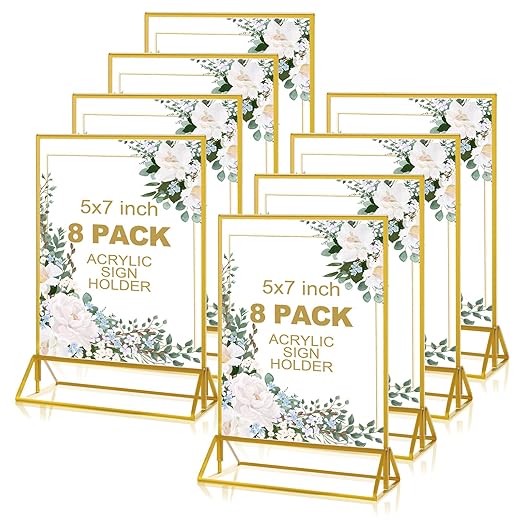 8PCS 5x7" Double-Sided Acrylic Sign Holders, Clear Gold Picture Frames, Table Number Holders with Golden Border for Wedding Reception, Centerpiece, Decoration, Party