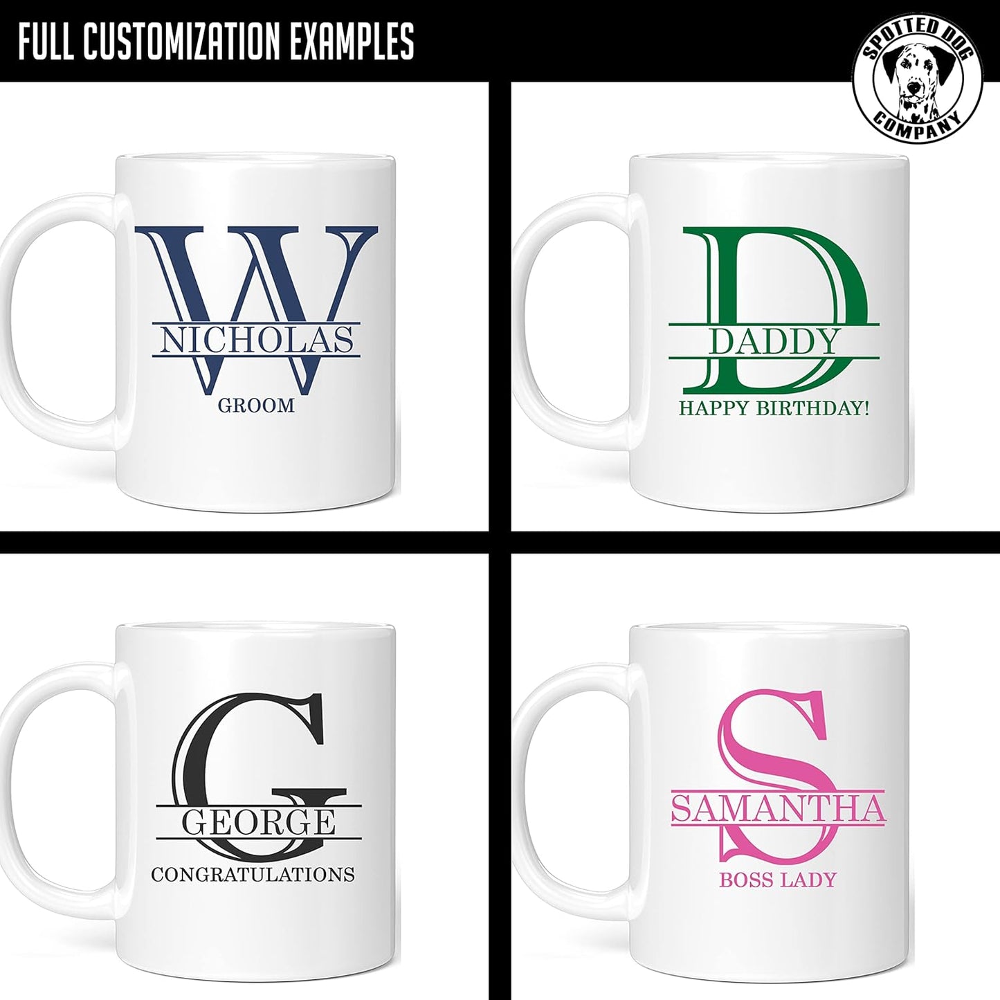 Personalized Monogram Ceramic White 11oz Coffee Mug with Custom Text and Name Initials, Halpert, DYE Taza para Cafe Personalizadas, Customized with Back Options, Custom Gifts Men, Gifts for Women