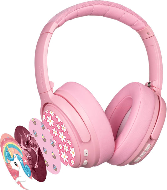 BuddyPhones Cosmos Fun | Wired or Wireless Foldable ANC Bluetooth Headphones + Microphone - SafeAudio Volume-Limiting Options, for Toddlers to Young Adults (Pink)