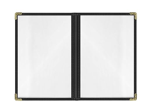 Goodsmart Restaurant Menu Covers – 25 Pack Black 4-View, Side-Loading Menu Holders, Vinyl & Plastic Café Menu Covers, Clear Menu Sleeves, Fits 5.5" x 8.5", Leather-Style Design, Gold Corners