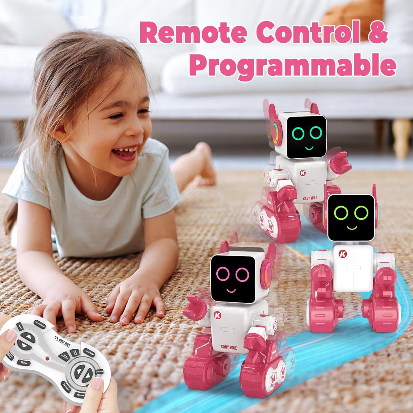 okk Robot Toys for Kids, Programmable Remote Control Robot, Interactive Toys with Coin Bank, LED and Tray, Walking Talking Singing Dancing Gift for Boys Girl（Pink）