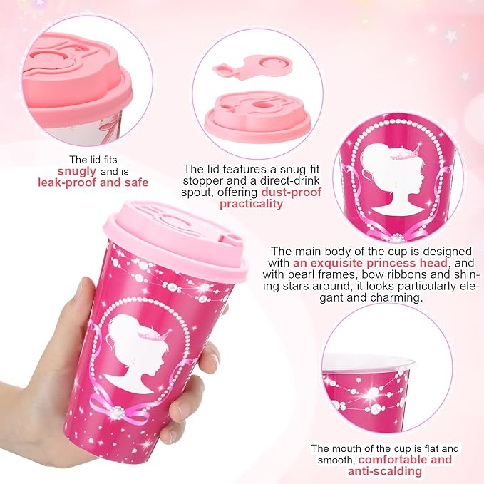 Yungyan 16 Sets Hot Pink Girl Party Favors Goodie Cups with Lids and Straws for Birthday Decorations Reusable 16oz Plastic Candy Cups Plastic Straws for Birthday Party (Pink Princess)