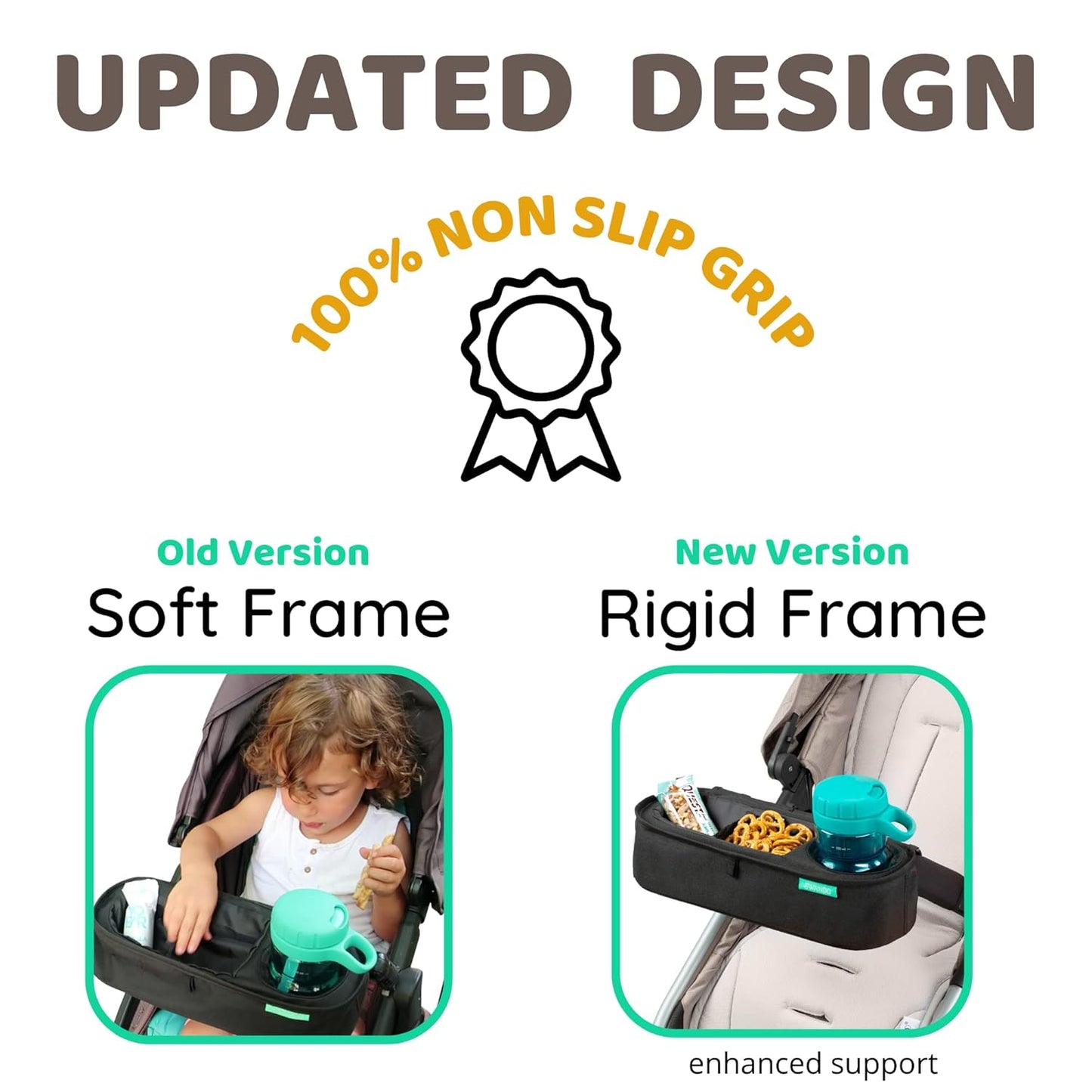 Universal Stroller Tray with Insulated Sippy Cup Holder - Upgraded Rigid Frame Stays Upright - Exclusive Non Slip Straps Firmly Grip Stroller Bar. Universal Stroller Snack Tray Attachment
