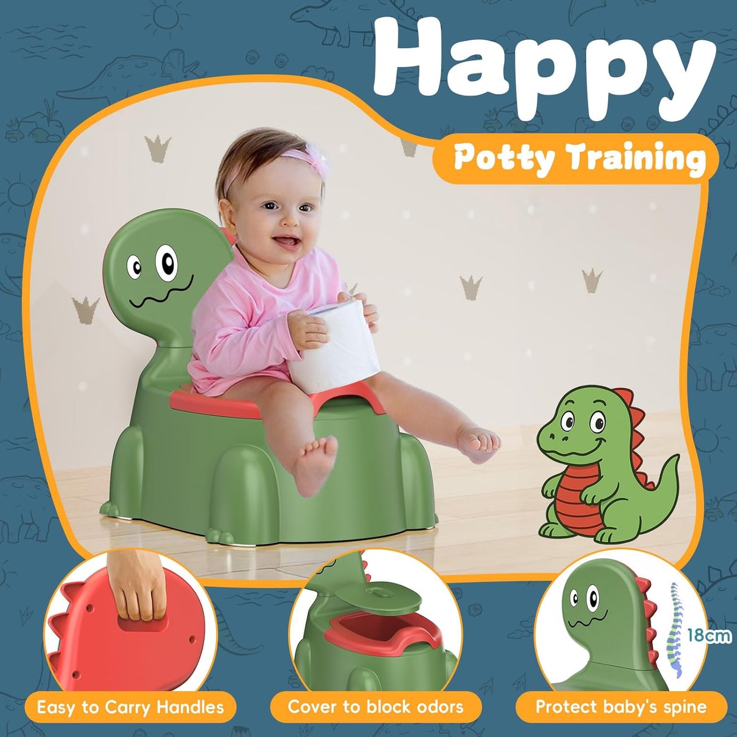 Potty Training Toilet Toddler Potty Chair Kids Boys Girls Dinosaur Animal Comfortable Potties Training Seat for Childrens Ages 1-3 Portable Baby Toilets with Lid Back Easy to Clean Potty Trainer Green