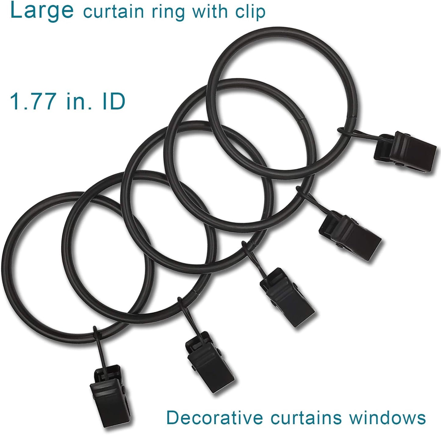 40 Pack Black Curtain Rings with Clips, Curtain Hooks Hangers Clip Rings for Hanging Drapes Bows Hat, Drapery Rings 1.77 in I D, Fits up to 1.5 in Diameter Curtain Rod.