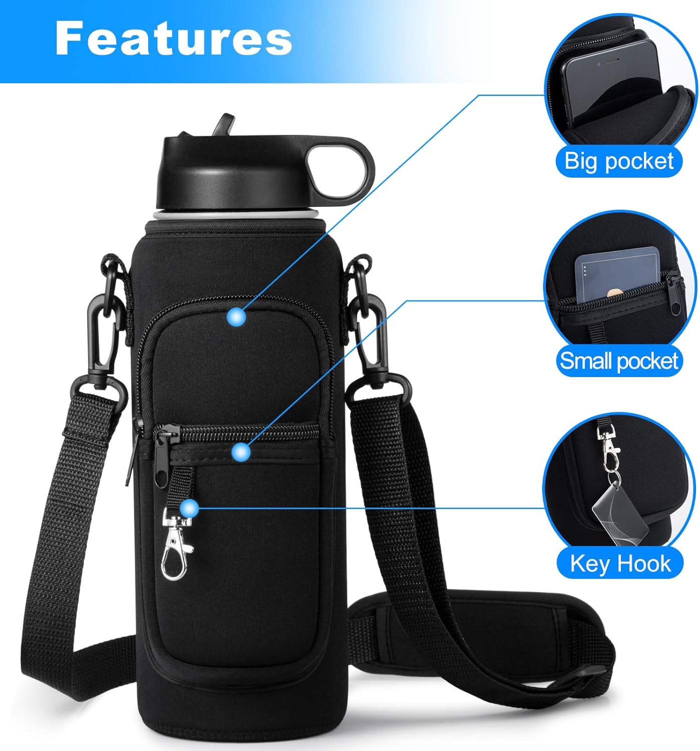 Water Bottle Holder with Strap for Hydroflask 32oz 40oz, Carrier Sling Bag with Phone Pocket Sleeve for Men Women Hiking Camping Travelling（black24/32oz）