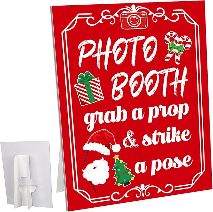 Photo Booth Sign with Stand Retro Background Table for Christmas Indoor and Outdoor Party Theme Event Photography Props Desktop Decoration Supplies