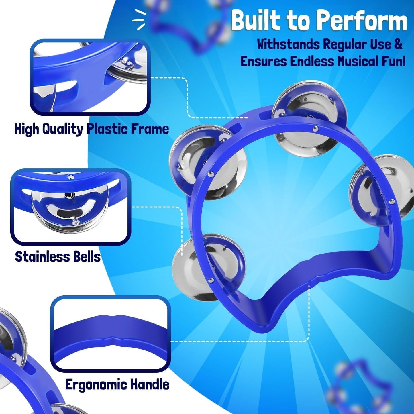 Flexzion Tambourine Hand Bell Percussion Musical Instruments (Blue, 2 Pack), Plastic Music Instrument Half Moon Mini D Handheld Shaker, Jingle Bells