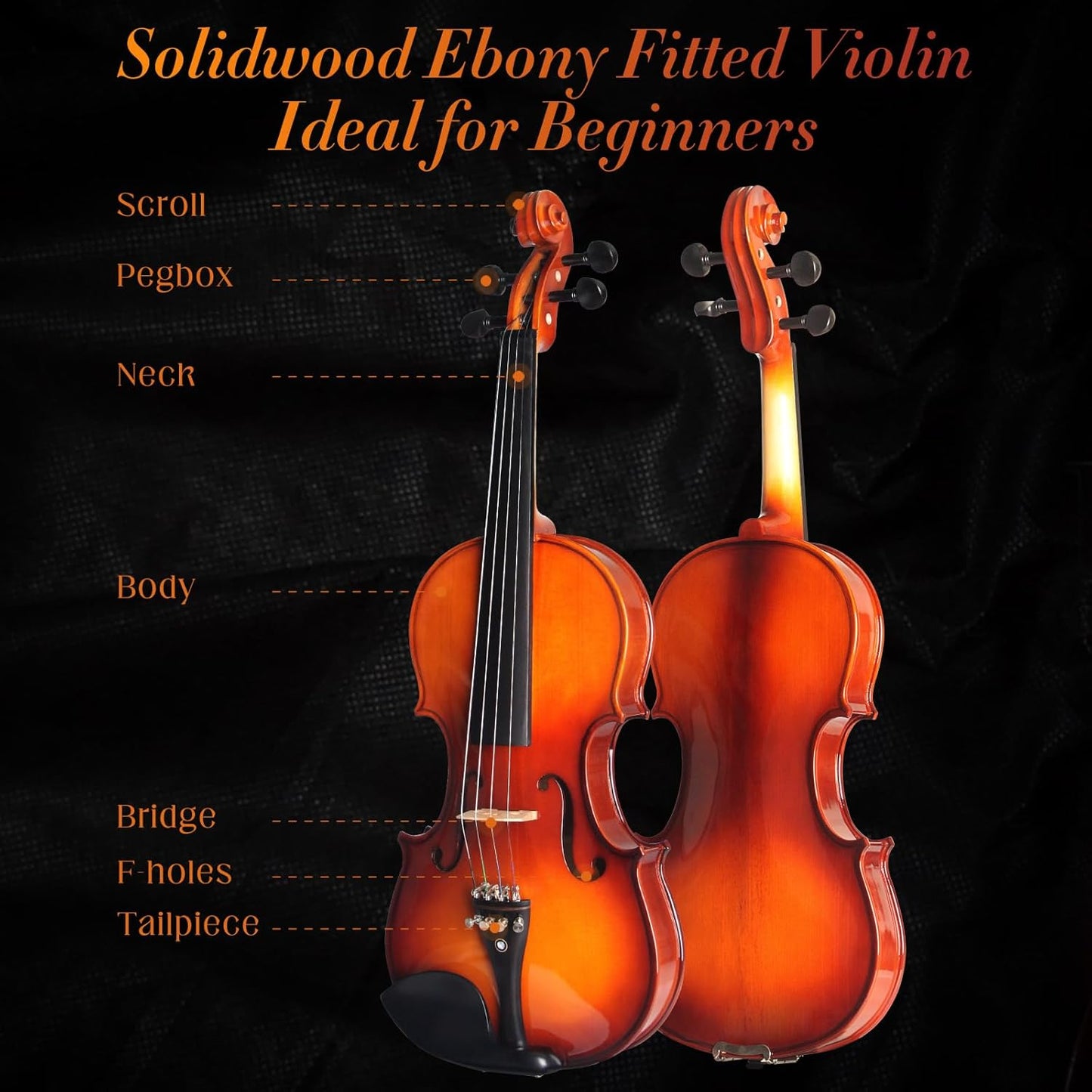 4/4 Violin For Beginners, CVN-300 Full Size Fiddle Set For Student, Solidwood Ebony Fitted Beginner Starter Violins Kit with Hard Case, Rosin, Bow, Stringed Musical Instruments