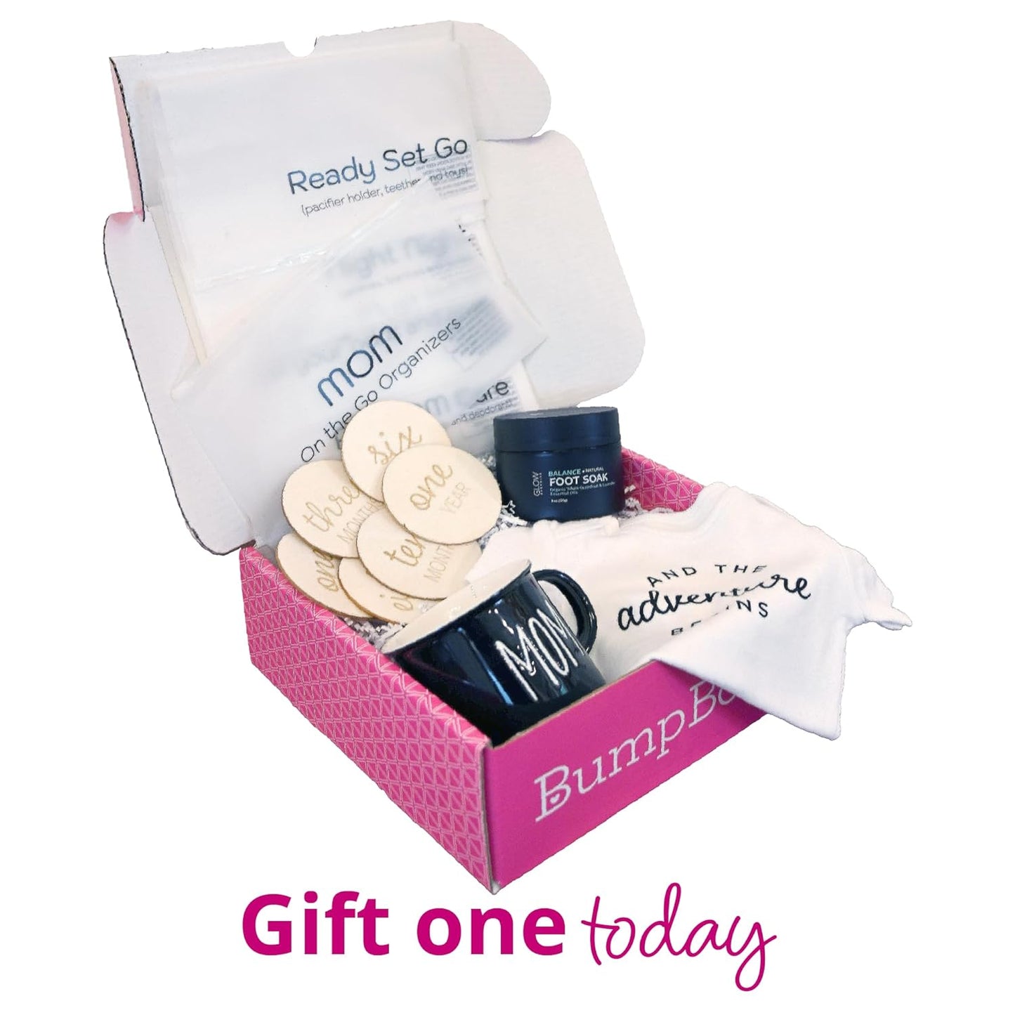 Bump Boxes 3rd Trimester & Postpartum Gift Set for New Moms with Milestone Disc, Baby Onesie, Travel Bags, Ceramic Mug, Organic Foot Soak, Gift for Mother to Be