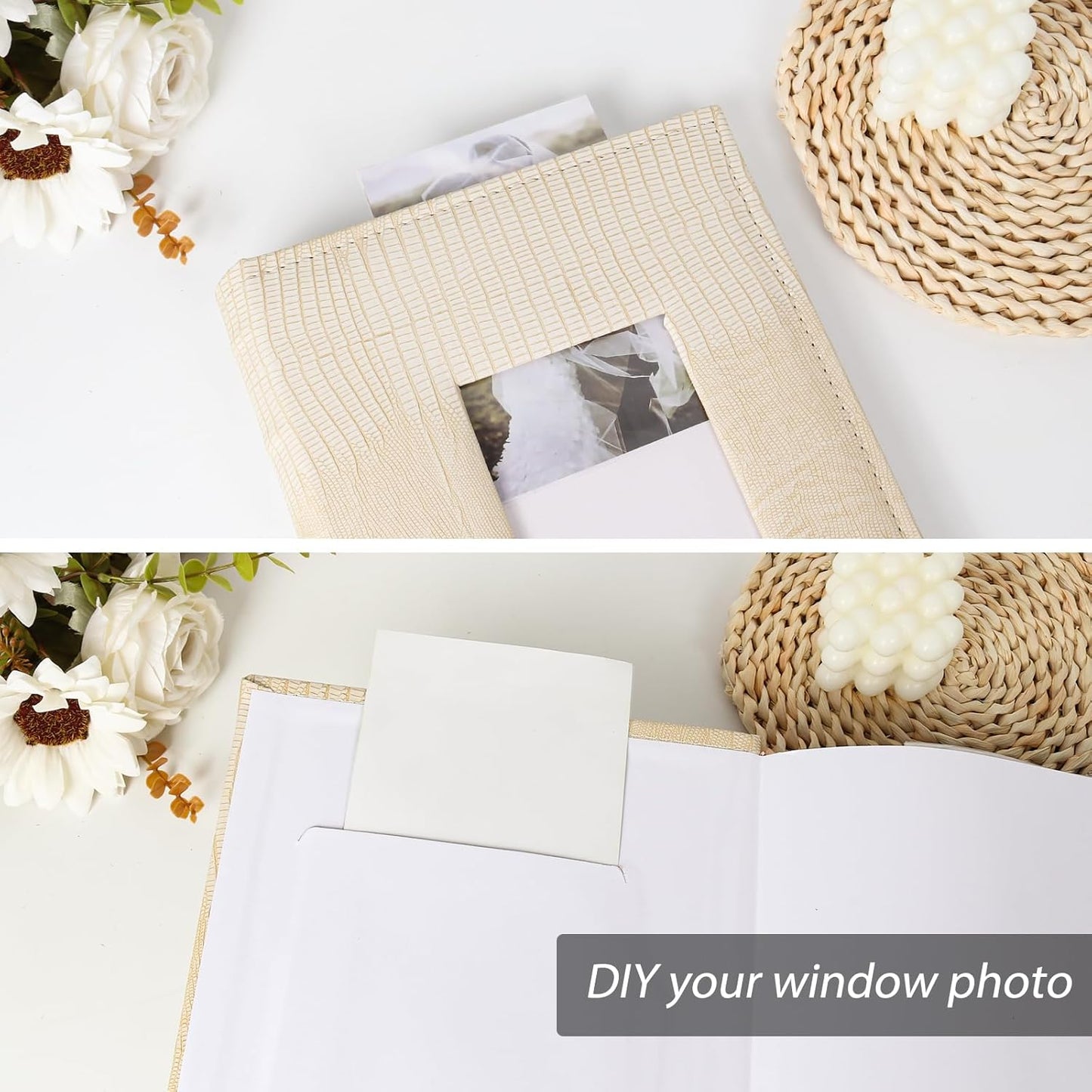 RECUTMS Photo Album for 4x6 Pictures,Leather Cover with Front Window,50 Sheets Small Slip-in Photo Book 300 Photos with Writing Space for Wedding Family Baby Graduation (Beige)