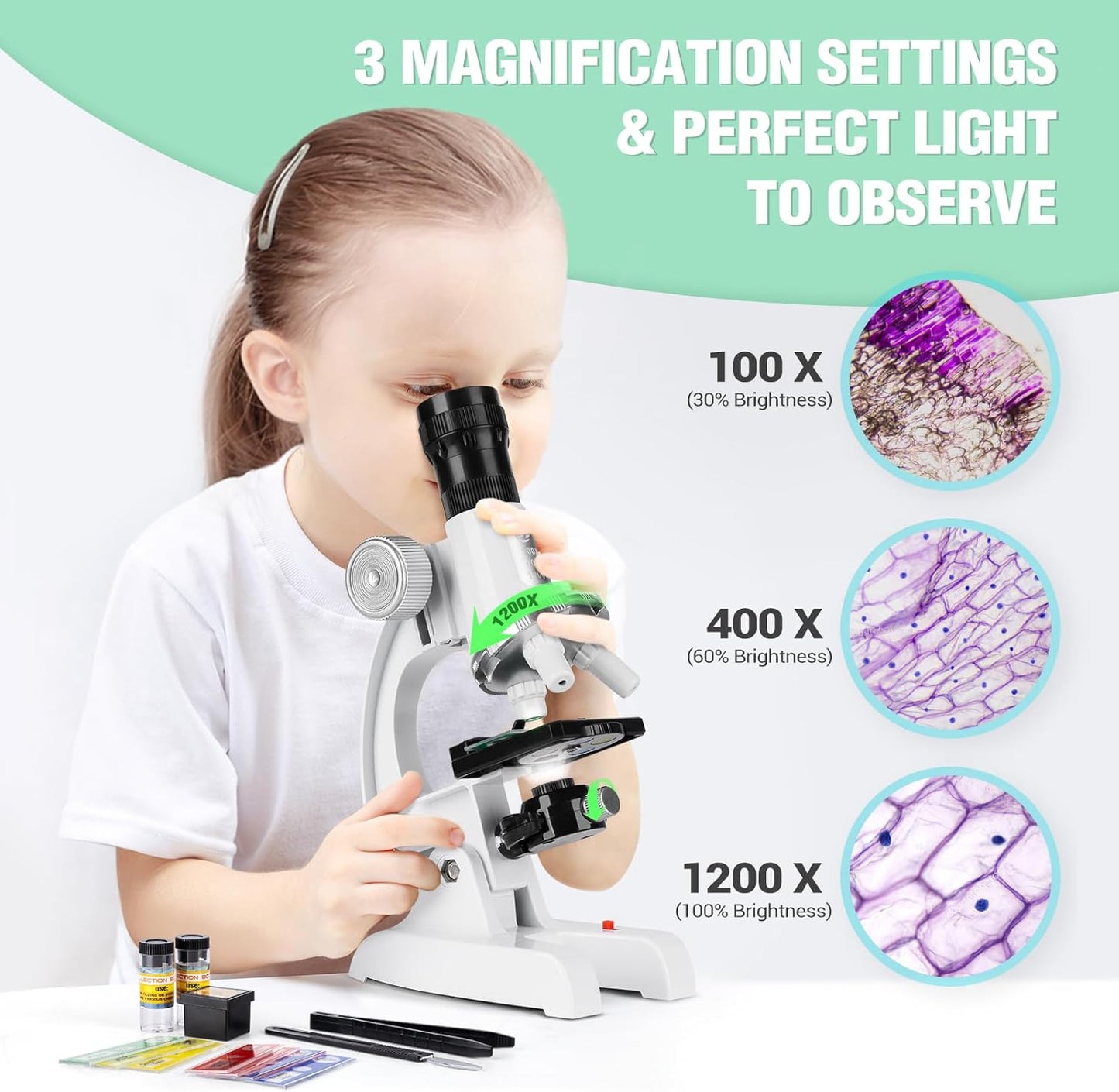 Kids Beginner Microscope Science Kit with 100X-1200X, 13 Prepared Slides & DIY Blank Slides, 18MM HD Len, LED Light Adjustable and ABS Box, Microscope for Kids 5-7 8-12