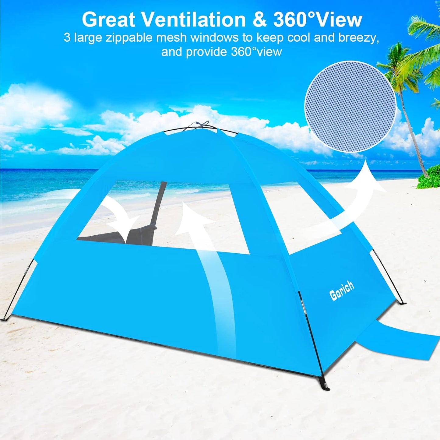 Gorich Beach Tent Sun Shelter for 3/4-5/6-7/8-10 Person with UPF 50＋ UV Protection, Lightweight & Easy Setup Beach Shade Canopy, Portable Beach Shade Tent Beach Cabana