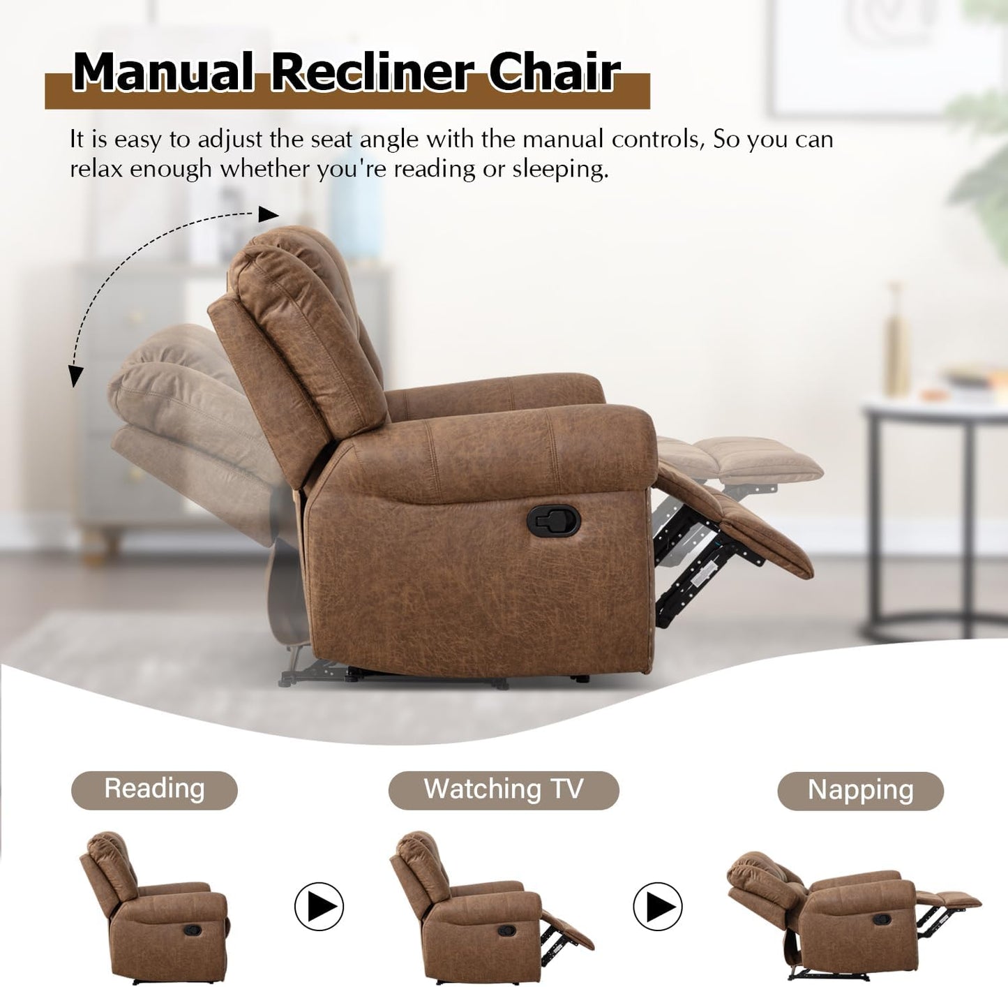 CANMOV Leather Recliner Chair, Classic Breathable Manual Recliner Chair with Comfortable Arm and Back Single Sofa for Living Room, Camel
