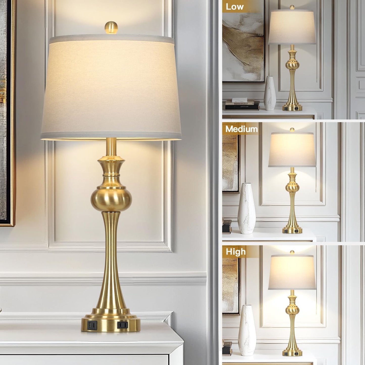 28.75'' Gold Table Lamps for Living Room, 3 Way Touch Control Bedside Lamps with USB A+C Ports & AC Outlets, Modern Metal Nightstand Lamps for Bedroom Living Room Office End Table（Bulb Included）