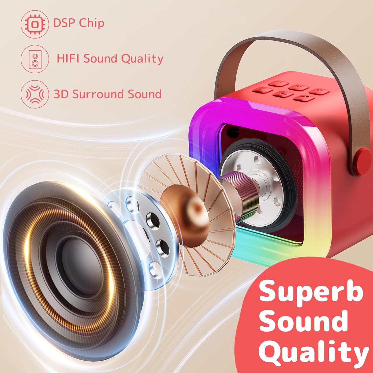 Fede Karaoke Machine for Kids Adults, Mini Karaoke Machine with 2 Wireless Microphones, Portable Bluetooth Speaker with Voice Changing Effects & LED Lights, Best Gifts Toys for Girls and Boys