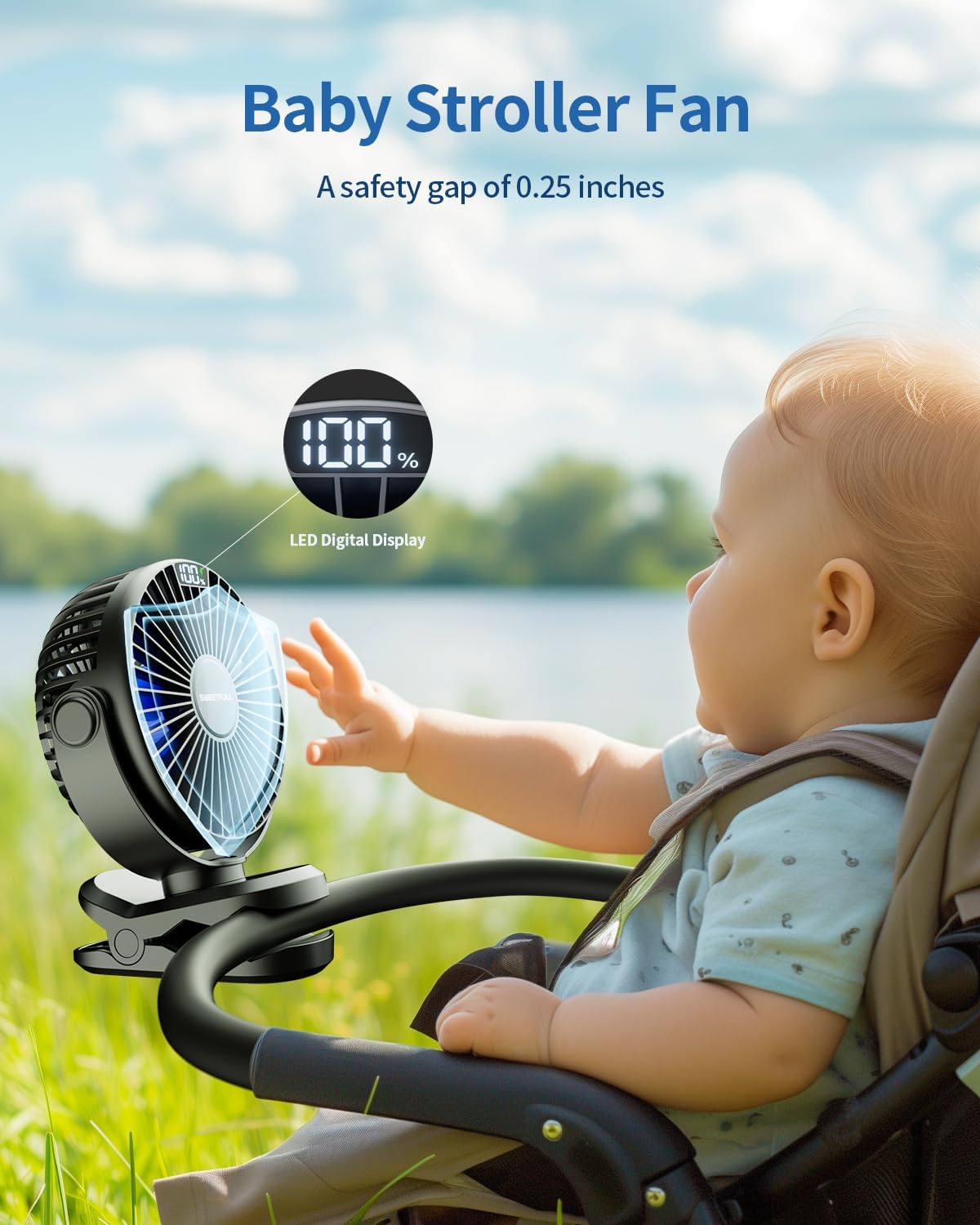 SWEETFULL Portable Clip on Fan - Battery Operated Stroller Fan, 4000mAh Small Rechargeable Fans with LED Display, 4 Speeds, Mini Personal Cooling Desk Cooler for Golf Cart Travel Camping Gym (Black)