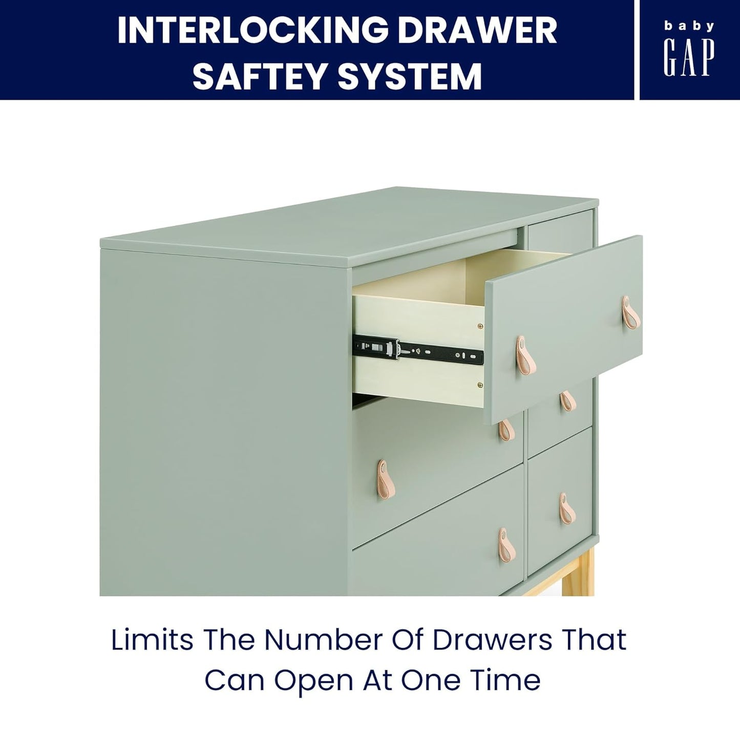 Delta Children babyGap Legacy 6 Drawer Dresser with Leather Pulls and Interlocking Drawers Greenguard Gold Certified, Sage Green w/Natural