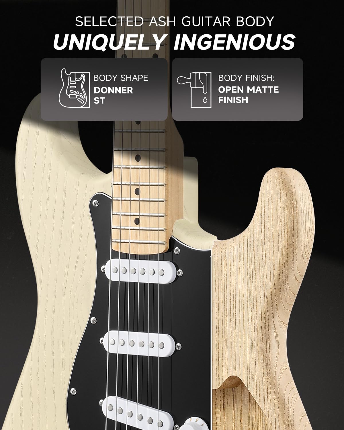 DONNER DST-80 Electric Guitar 39” Beginner Electric Guitar Kit with Amp, Classic SSS Pickup Complete with Gig Bag, Tuner, Capo, Strap, Picks, and Free Online Lessons, Bone White