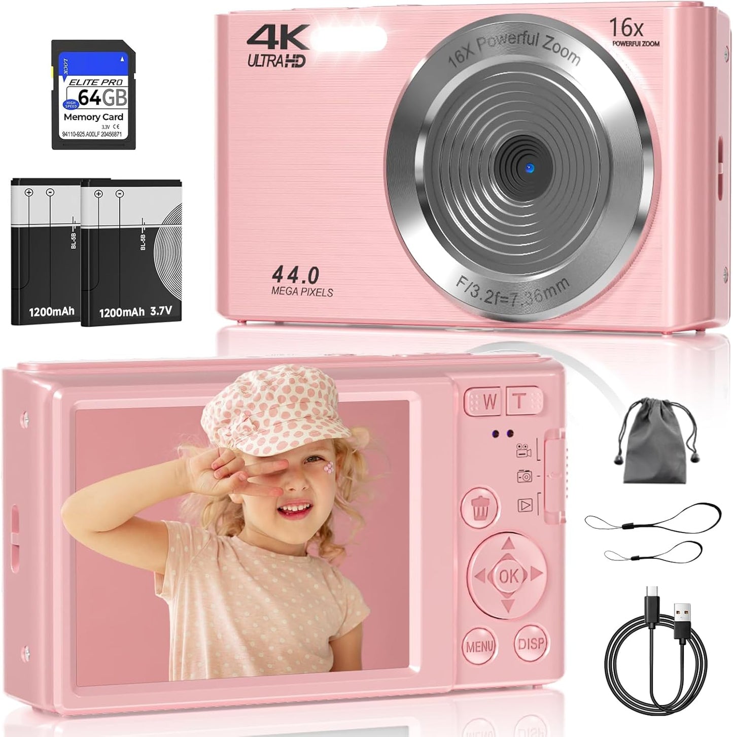 Digital Camera, FHD 4K 44MP Digital Camera, 16X Digital Zoom, Digital Point and Shoot Camera with 3-LED Fill Lights, 64GB SD Card, Compact Camera for Kids Teen Boys Girls, Pink