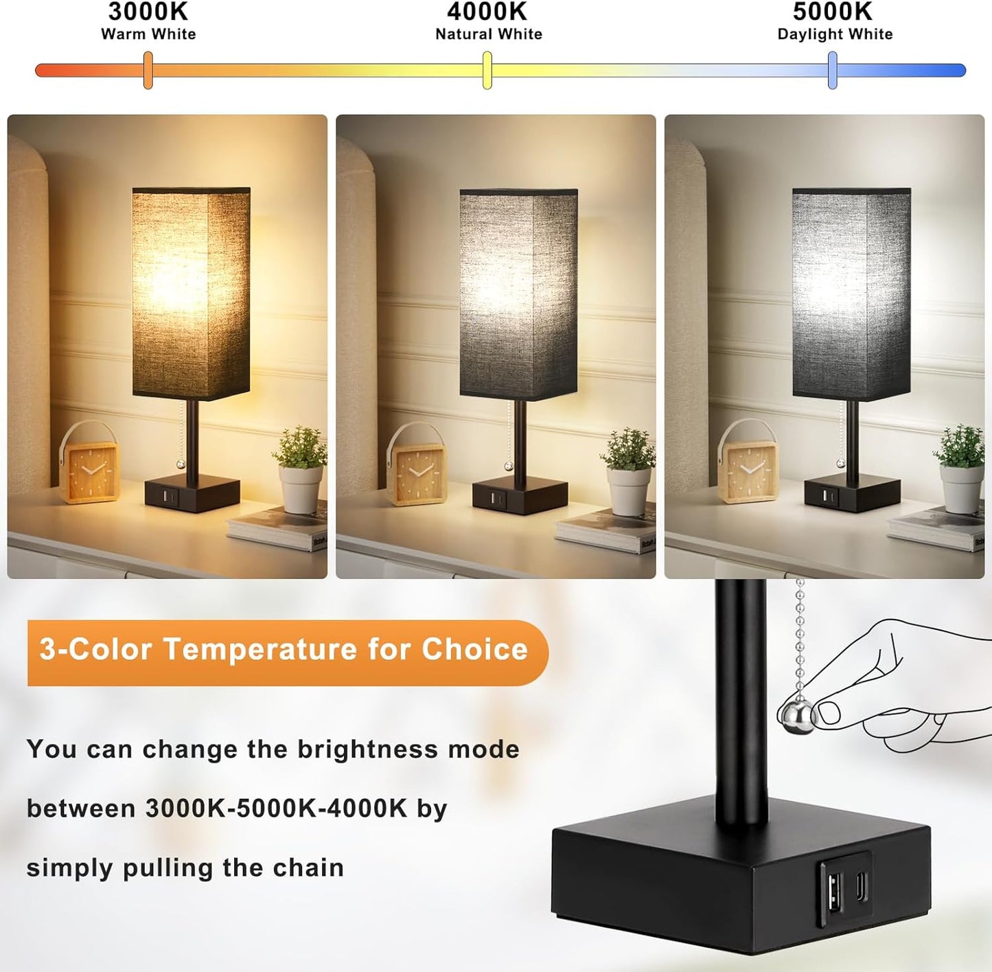Bedside Table Lamps Set of 2 - Black Bedroom Lamps with 3 Color Temperatures (3000K/5000K/4000K), Two Square Nightstand Lamps with USB C + A Charging Ports, Pull Chain Small Night Light for End Table