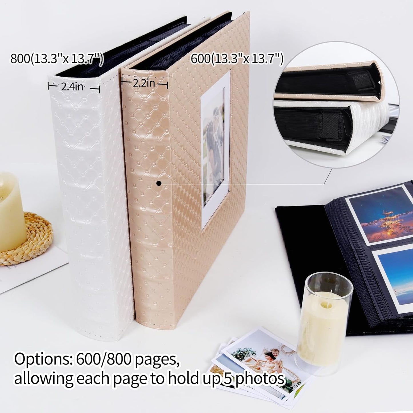 RECUTMS Photo Album 4x6 800 Photos Large Capacity Memories Photo Album for Wedding Family Baby Anniversary Pictures Leather Cover Picture Album Book with Black Inner Pages(White)